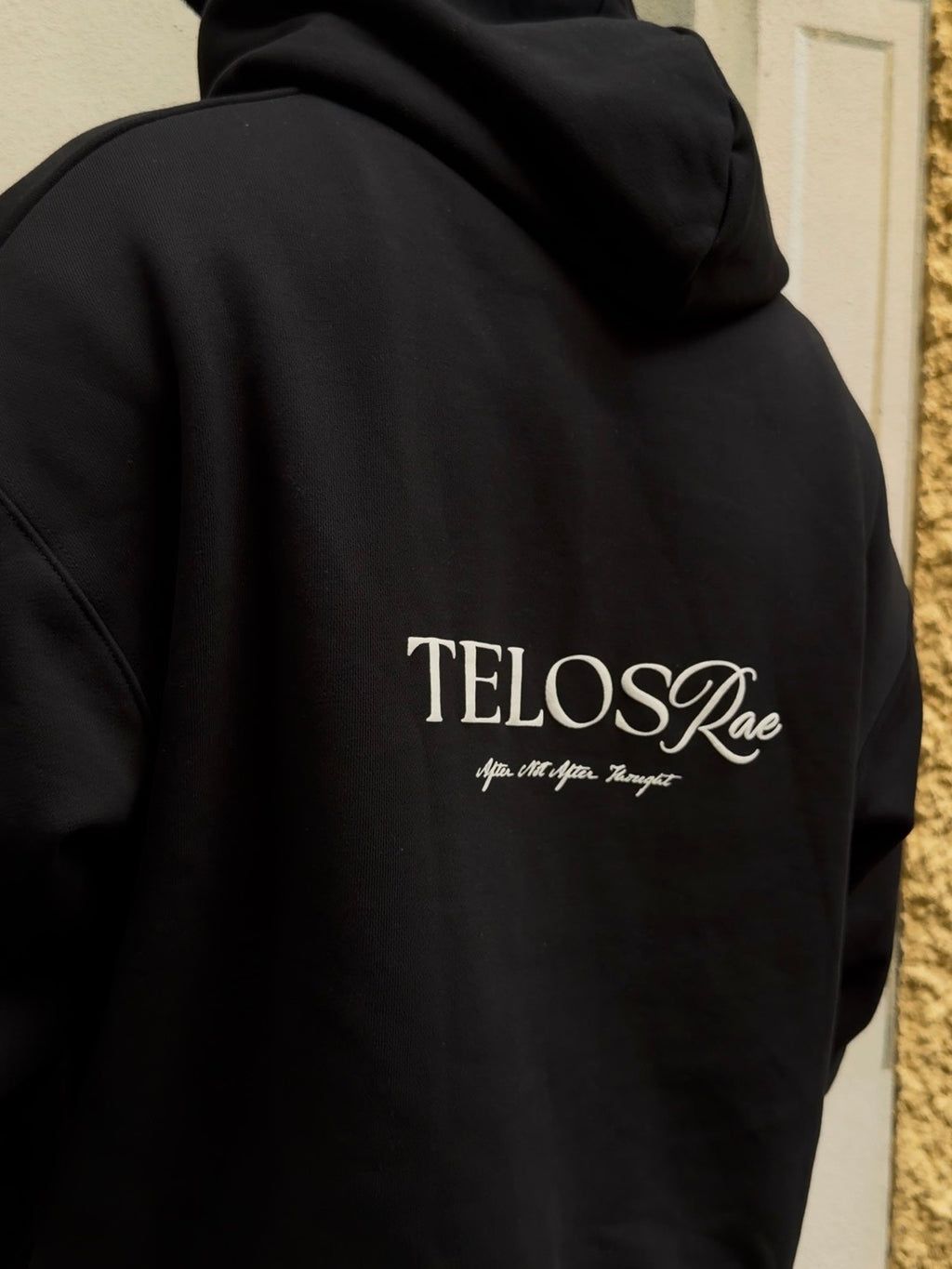 Telos Rae Box Hoodie in black worn on location