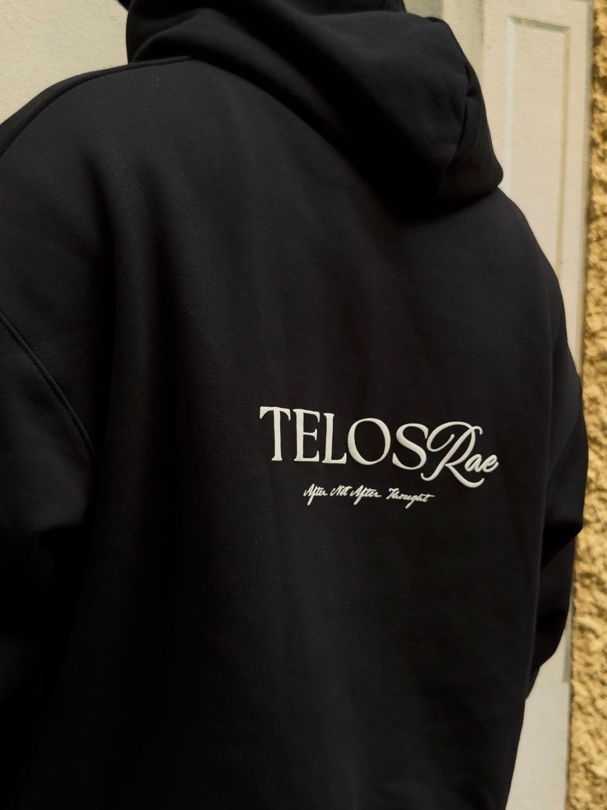 Telos Rae Box Hoodie in black worn on location